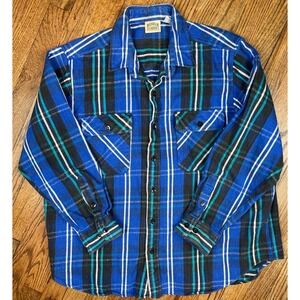 Vintage Five Brother Flannel Shirt Button Up Heavy Blue Plaid Men's Size XL